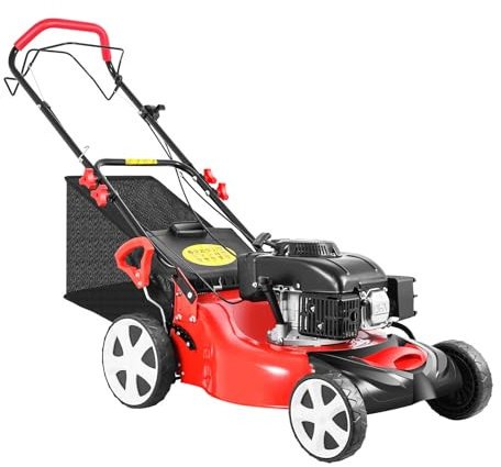 Tondeuse à gazon à essence, entraînement de roue, fonction mulching, moteur puissant de 5 CV avec 140 cc, largeur de coupe de 51 cm, panier de 60 l, tondeuse à essence, mulching