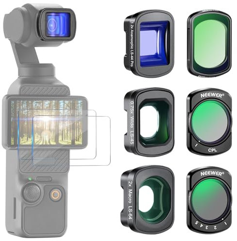 NEEWER 3 Pack ND Filter Set (Variable ND2-32, CPL, 1/4 Black Diffusion) & 0.75X Wide Angle Lens, 2X Macro Lens, 1.2X Blue Anamorphic Lens, Screen Protectors Compatible with DJI Osmo Pocket 3, FL-B28