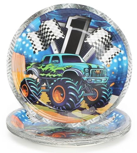 16 Pieces Monster Truck Plate Set Boys Girls Party Truck car Party 7''Assorted Tableware for 16 Guests