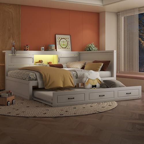 Daybett 140x200 mit LED Beleuchtung und Ausziehbett, Funktionsbett mit Staufach, Steckdose und USB Ladefunktion, Sofabett Jugendbett Schlafsofa Bettgestell Tagesbett Gästebett, ohne Matratze, Weiß