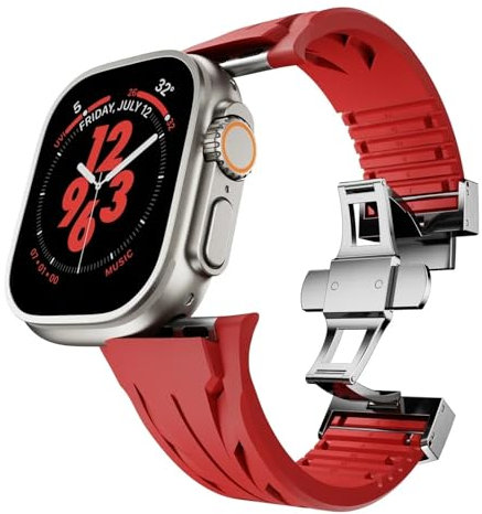 NIBYQ Correa de caucho fluorado para Apple Watch Ultra 2 49mm S10 46MM 45mm 44MM 42mm Correa para Iwatch Series 6 5 4 Se 9 8 7 Correas de reloj de pulsera de caucho fluorado ultracortadas(Silver red,4