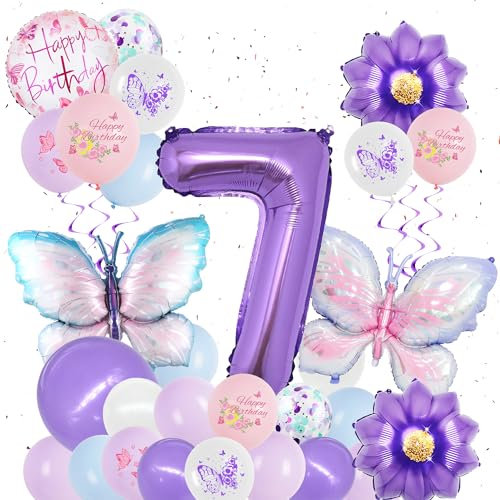 Schmetterling Deko Geburtstag Mädchen 7. Jahre - 31 Stück Geburtstagsdeko Luftballons Schmetterlinge Folienballon Zahlenballon, Lila Geburtstags Party Dekoration Ballons für Kinder