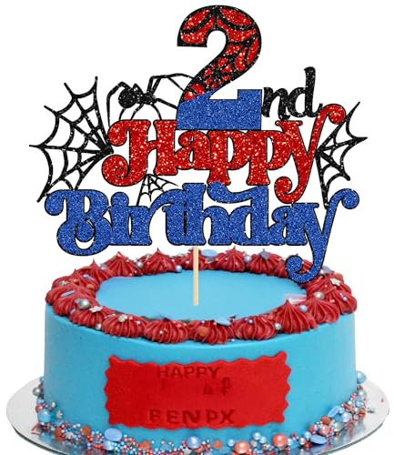 Gyufise 1Pcs Spider Happy 2nd Birthday Cake Topper Red Blue Glitter Baby Shower Party Cake Decoration for Spider Themed Birthday Anniversary Party Supplies