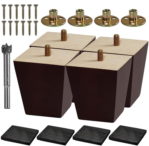 VASGOR Set of 4 Wood Furniture Legs (Drill Bit Included)- Square Sofa Legs, Couch Leg - Brown Mid-Century Modern Replacement Legs for Armchair Recliner Coffee Table Dresser (3)