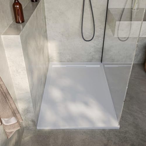 SoulHome Plato de Ducha Resina BLANCO 170X70 Diseño Mismo Color | Antideslizante C3, Extraplano, Resina y carga mineral, Textura Liso Piedra, Antibacteriano, Gel-coat, Incluye válvula desagüe