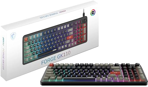 MSI Forge GK110 Gaming-Tastatur (US-Layout) – Membranschalter, RGB, Beleuchtung und Medien-Hotkeys, rutschfeste Unterseite, einstellbare Neigung, USB 2.0 – Full-Size