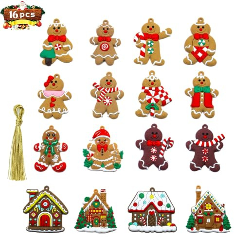 16Pack Christmas Decorations Gingerbread Man, Ginger Man Clay Figurine With Strings Hanging Christmas Decorations Ornaments Set, For Xmas Tree Decorations Party Festive Season Birthday Gift Home