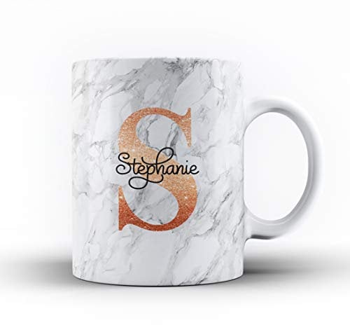 Studio RB Personalised Marble/Pattern Mug. 16. Grey Marble with Gold Sparkle Initial