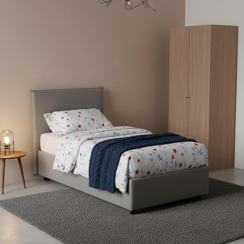 Talamo Italia - Carola Einzelbett, Bettkasten mit Stoffbezug, 100 % Made in Italy, seitliche Öffnung, inklusive Matratze 80x190 cm, Grau