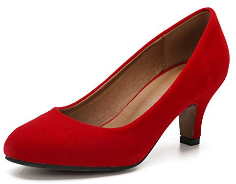 Women's Classic Round Toe Pumps, Mid Kitten Heel, Office Dress Shoes, Velvet Red, 6 UK