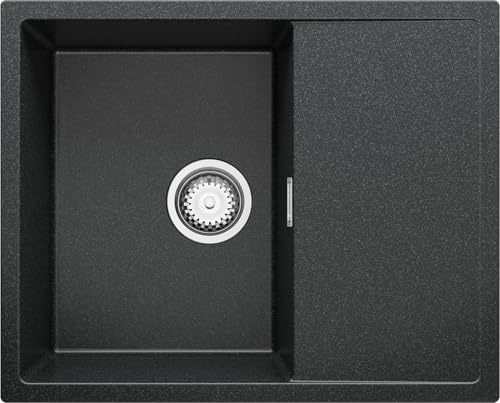 PRIMAGRAN Spülbecken ab 45er Unterschrank + Ablauf-Set, 62x50cm | Set: Ablauf-Set (Siphon, Ablaufgarnitur, Überlauf) + Granitspüle 1 Becken - Ibiza, Anthrazit