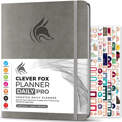 Clever Fox Daily Planner PRO for Men & Women, Large Undated Grey | Lasts 3 months, 21.5 x 28cm, Life & work goals, hourly schedule, to-do list, vision board, monthly calendars, weekly pages