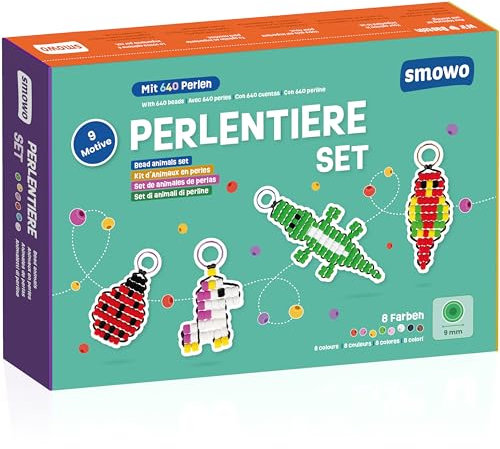 Smowo® Perlentiere Bastelset mit Perlen für 9 Schlüsselanhänger Tiere – Bastelbox für Kinder zum Basteln und Fädeln