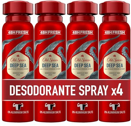 Old Spice Deep Sea Desodorante Corporal En Spray Para Hombre, 48 Horas Fresco, 0% Sales De Aluminio, Antimanchas Blancas Y Amarillentas, 4x150 ml