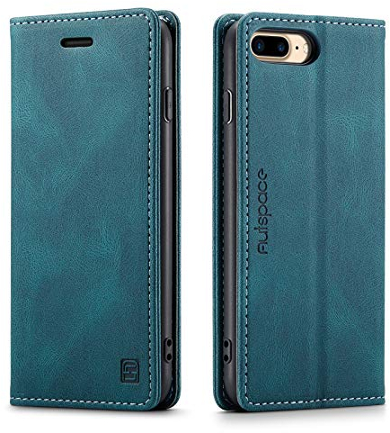 LOLFZ Wallet Case for iPhone 7 Plus & 8 Plus, Magnetic Flip Leather Case with RFID Block Card Slots Kickstand Shockproof Protective Cover - Blue
