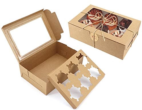 10 Pack Kraft Paper Cupcake Boxes with Window and Inserts, Brown Bakery Boxes Cookie Cake Boxes with Jute Twine and Stickers for Cupcake, Cookie, Dessert, Pastry (6 Inserts)