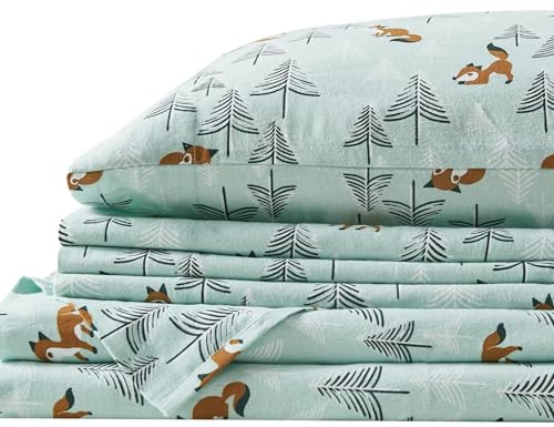 Comfort Spaces Parure de lit 4 pièces en Flanelle de Coton Respirante, Chaude, à Poches Profondes avec taie d'oreiller, Grand lit, Renards écume de mer