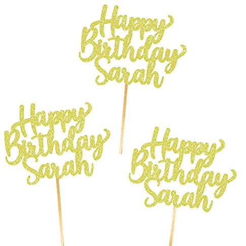 6X Personalised, Double Sided, Handmade Happy Birthday Glitter Cupcake Toppers by Cakeshop | Custom Colour Any Name 480gsm Glitter Cupcake Decorations | Champagne