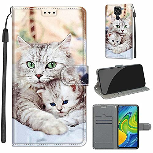 TOMYOU Coque pour Xiaomi Redmi Note 9, Deux Chats | Portefeuille, Fentes Cartes, Antichoc PU Housse, Protection Flip Case, Fonction Stand Cuir Etui