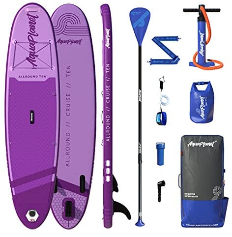 AQUAPLANET Inflatable Stand Up Paddle Board Kit - All Round Ten, Purple | 10 Foot | Ideal for SUP Beginners & Experts | Includes Fin, Paddle, Pump, Repair Kit, Backpack, Leash, Dry Bag, Carry Strap