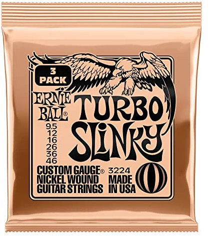 Ernie Ball, Turbo Slinky Nickel Wound, Corde per chitarra elettrica, confezione da 3, diametro 9,5-46
