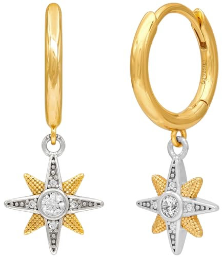 Engelsrufer Damen Creole aus vergoldetem Sterling Silber mit Stern Symbol Anhänger Bicolor - besetzt mit 10 Zirkonia Steinen - Clipverschluss - nickelfrei - 14mm