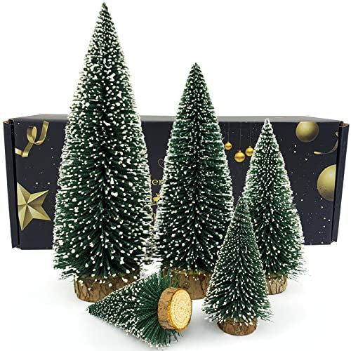Miniature Christmas Tree, Mini Ornaments Desktop Trees, Miniture snowing pine trees with Wooden Bases For Xmas Holiday Party Home Decor