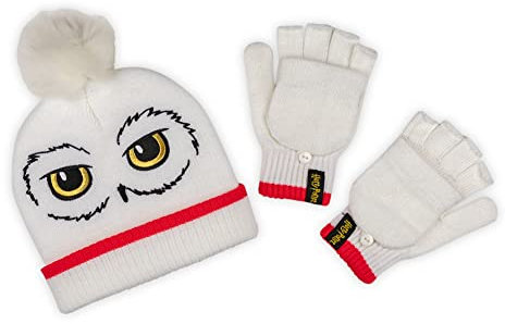 Harry Potter Hedwig Erwachsene Pom Pom Beanie & Handschuh Set schwarz, Schwarz , One size