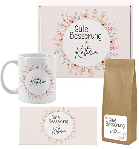 Herz & Heim® Gute Besserung Geschenkset mit Tee, Tasse, Schokolade für Damen