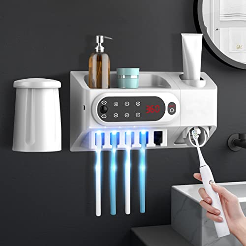 HMAKGG Elektrischer Zahnbürstenhalter UV-Sterilisator mit Infrarot-Sensor, Automatischer Zahnpastaspender Wandmontage Halter für 2 Magnetische Becher, 5 Zahnbürstenschlitze, 1200mAh Akku, Kein Bohren