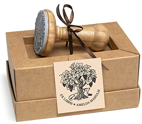 Fuchs Weintrauben Baum Ex libris Stempel Personalisiert, Familie Weinrebe Weinberg Weingut Buchstempel, Handgemacht für Buchliebhaber in Geschenkbox