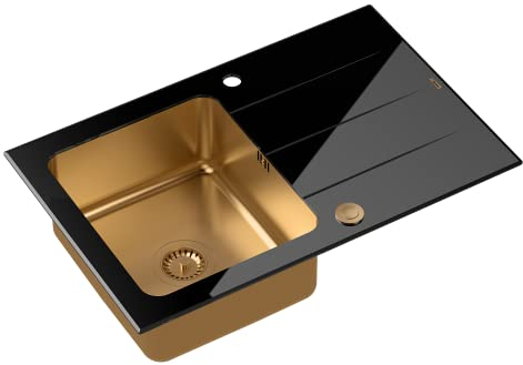 QUADRON fregadero negro | tamaño 78 x 50 cm | FORD 111 fregadero de cocina de un seno con cubeta de acero | cristal y acero inoxidable | con sifón y tapón de rosca | con escurridor