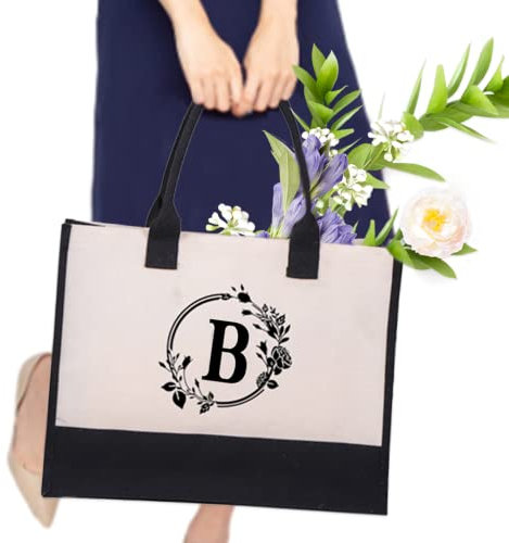 QmjdDymx Bolsa de Lona para Mujer, Algodón de Playa Grande, Personalizada Con Letras B, Iniciales Natinsa para Mamá, Novias