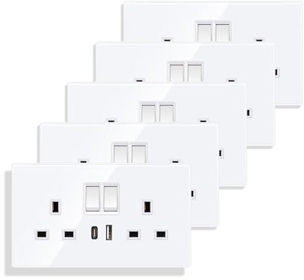 JIMEIDA 5 Pack Double Switched Socket 13 Amp with USB A and Type C Charging Ports Crystal White Glass Panel Wall Outlet Electric Power Socket