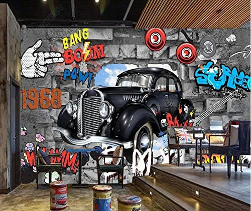Graffiti De Voiture De Mur De Briques Vintage Papier Peint 3D Mural, Peinture Murale Photo Décorative, Adaptée Au Salon Et À La Chambre À Coucher, Au Bureau, À L'Hôt 400 (largeur) x 280 (hauteur) cm