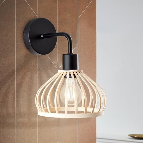 Lightbox skandinavische Wandlampe - Boho Wandleuchte - 27 x 19 x 23 cm - E27 Fassung - max. 40 W - aus Metall/Bambus - in Schwarz/Beige