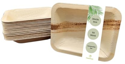 DeinPack 50 Palmblatt Teller eckig 16x13x3cm | Bio Einweggeschirr biologisch abbaubar | Partygeschirr | Einmalgeschirr | Wegwerfgeschirr | Snackschale | Teller kompostierbar