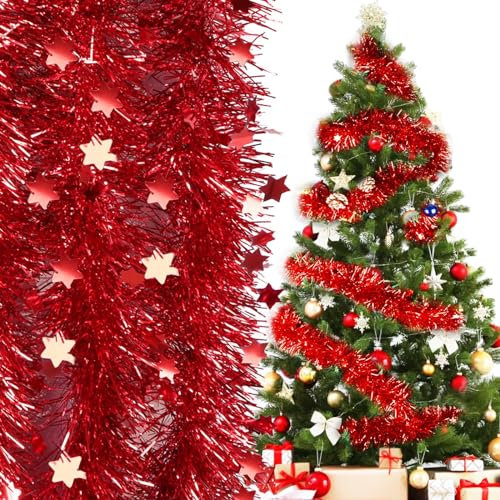 COLOFALLA 6 Stücke 2 Meter Weihnachten Lametta Weihnachten Girlande Rot mit Stern Weihnachtsbaum Deko Weihnachten Girlande Glitzer Deko für Weihnachten Party Tannenbaum Feiern Hochzeit Karneval (Rot)