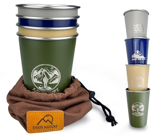 Pubgeer Camping Cup 16oz (4 Pack) 18/8 Stainless Steel Cup for Outdoor Picnic Hiking Fishing Surfing Party Pint cup Metal Mug Tumbler Camping Gift for Him (4 colors)