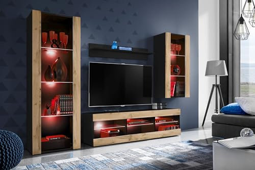 Komodee Wohnwand Wohnzimmerset Tivoli Medio, Wotan/Schwarz, Breite 245cm x Höhe 159cm x Tiefe 35cm, LED RGB, für Wohnzimmer, Schlafzimmer