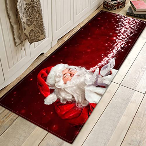Blogiiup Weihnachtsteppich, 180 x 61 cm, Weihnachtsdruck, Weihnachtsmann-Bodenmatte, Weihnachtsdekoration, für den Innenbereich, rot, weicher Flanell-Teppich, Läufer, Weihnachtsdekoration für Zuhause