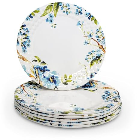 Four Leaf Melamine Dinner Full Size Plates Set of 6, Unbreakable Plates (6 Pieces, 11 inches) (Floral - White)