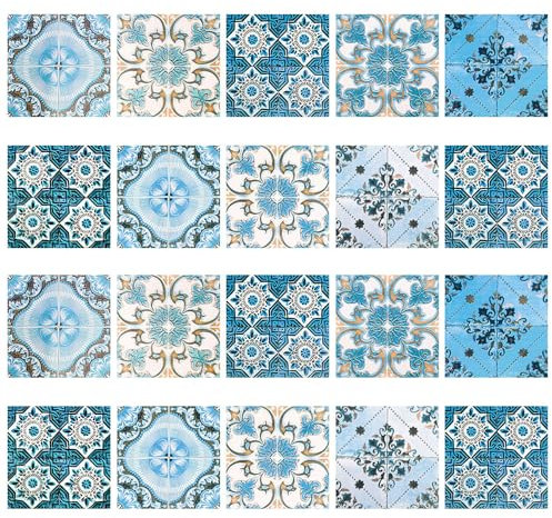 Hsthe Sea Autocollants de Carreaux Bleus, 20 pièces, pour Salle de Bains et Cuisine, Carreaux muraux Auto-adhésifs en Vinyle imperméables (15x15cm)