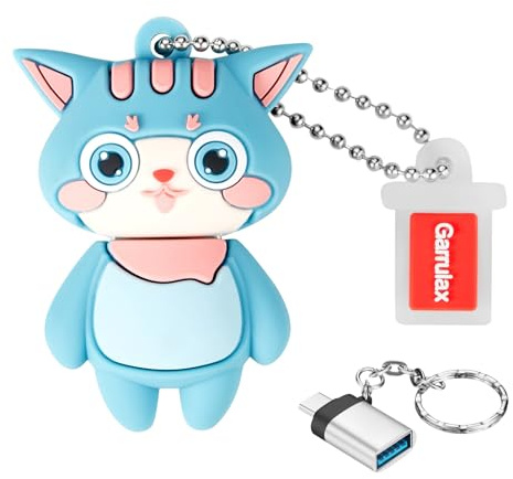 GARRULAX USB 3.0 Flash Laufwerke, wasserdichte Silikon High Speed USB 3.0 Datenspeicher Laufwerk Memory Stick Pen Disk Pendrive mit OTG Typ C Adapter(Cyan Cat,32GB)