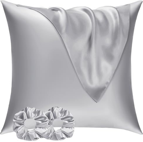 Vielit Satin Kissenbezug 80x80 2er Set & 2 Haargummis, Satin Kopfkissenbezug 80x80 Grau, Weich wie Seidenkissenbezug 80x80,Bessere Pflege als Silk Pillosecase,Kissenhülle Kissenbezug für Haar und Haut