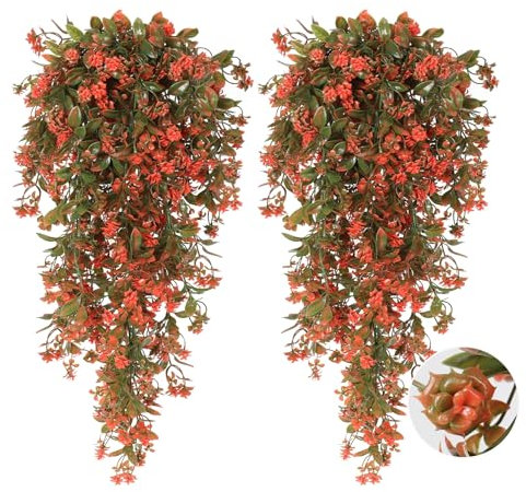 RECUTMS 2Pcs Fake Plastic Outdoor Flowers Artificial Hanging Plants Faux Greenery Vine Plant for Indoor Room Front Door Garden Porch Patio Wedding Party Decorations (Autumn Red)