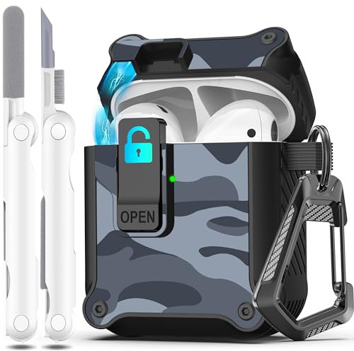 R-fun Compatible con AirPods 2.ª generación 2019, 1.ª Gen 2016 Funda Protectora, protección Total contra caídas, Tapa emergente automática para Funda Apple Airpods con Kit de Limpieza,Camuflaje Gris