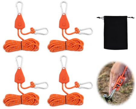 Hitopin Cuerdas Tipo de Campaña con Tensor, 4 Piezas Cuerdas Reflectantes de Tienda, 4mm Trinquete de Cuerda con Gancho, Cuerda Reflectantes con Tensor, para Caídaspara Exterior Montañismo Camping