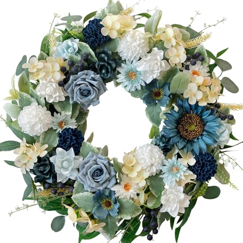 22 Spring Flower Wreath for Front Door Summer Wreaths with Sunflowers Roses Gardenias, Artificial Floral Green Foliage Wreath for Wall Window Farmhouse Party Holiday Home Decor（White Blue）