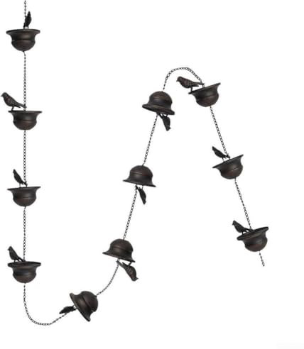 Zilimontt Catena per pioggia in ferro da 2,4 m, per esterni, con 8 vasche per uccelli, decorazione per grondaie, decorazione da giardino